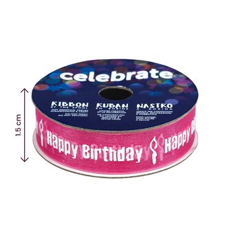 White On Hot Pink Happy Birthday Ribbon 15mm x 3.5m image number 4
