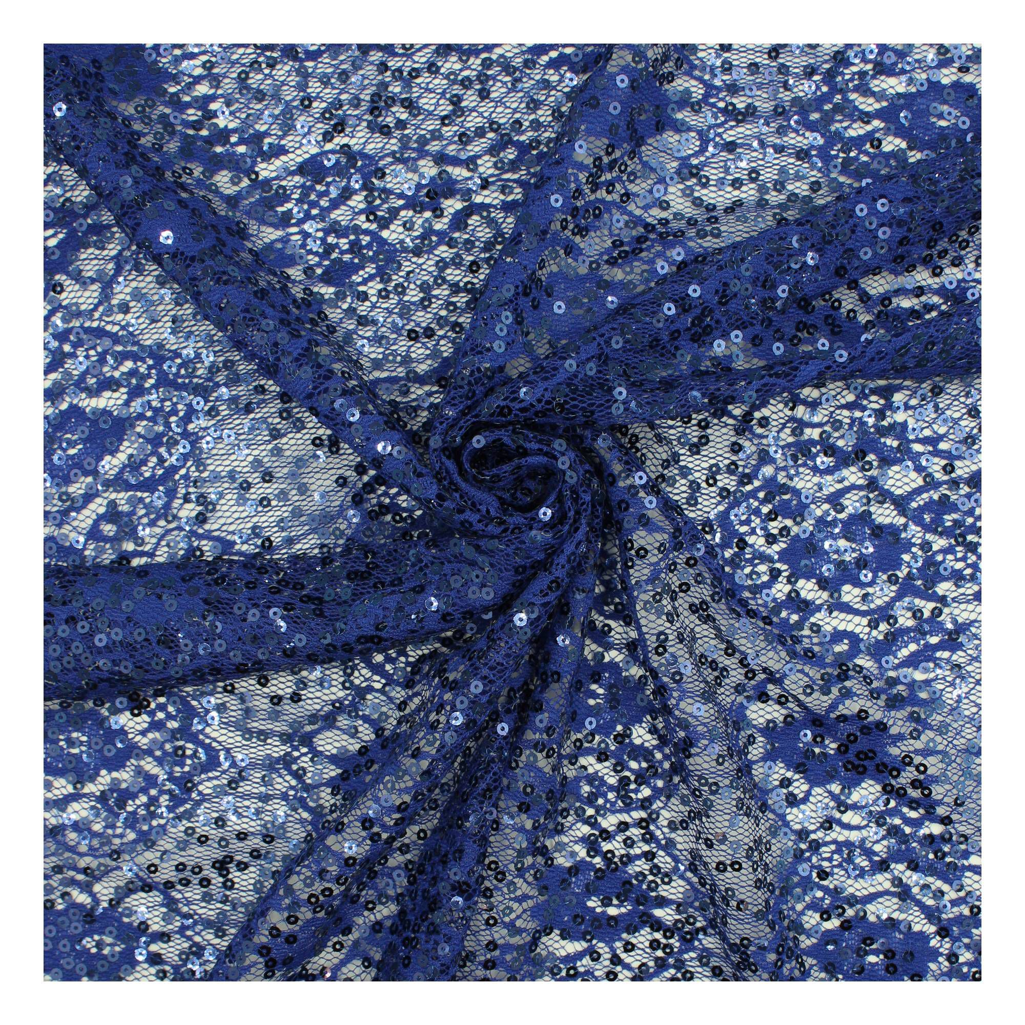 Royal Blue Sequin Floral Lace Fabric by the Metre | Hobbycraft