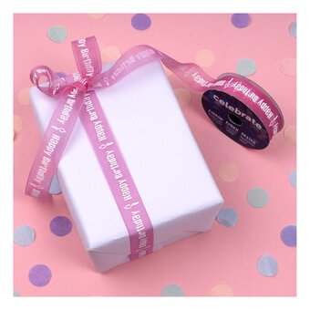 White On Hot Pink Happy Birthday Ribbon 15mm x 3.5m image number 5