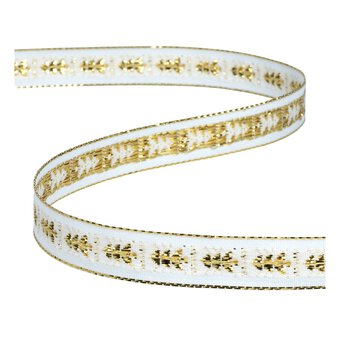 White and Gold Christmas Tree Woven Ribbon 15mm x 3m image number 3