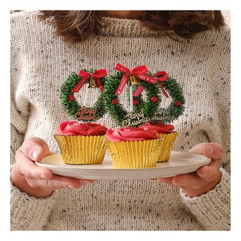 Traditional Christmas Wreath Cupcake Toppers 6 Pack