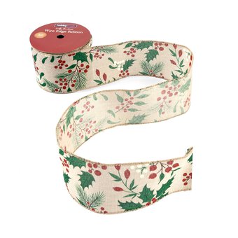 Holly and Berries Wire Edge Ribbon 63mm x 3m