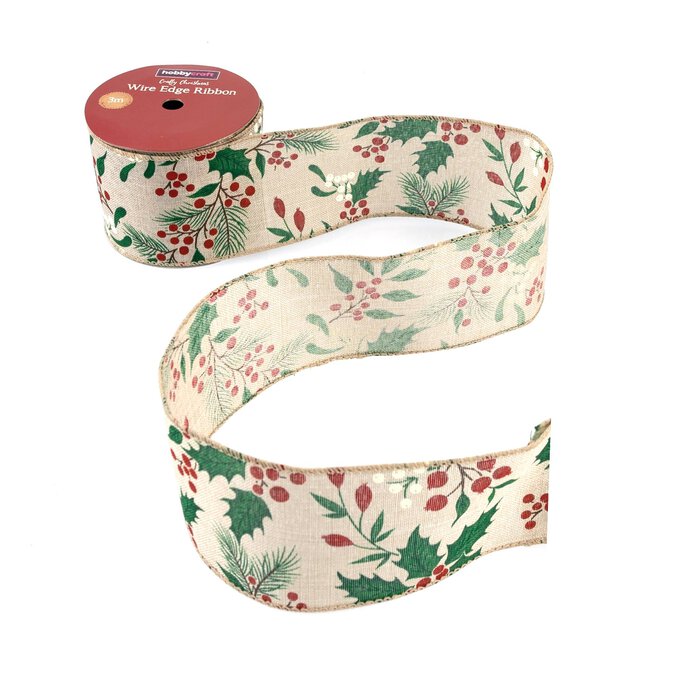 Holly and Berries Wire Edge Ribbon 63mm x 3m image number 1