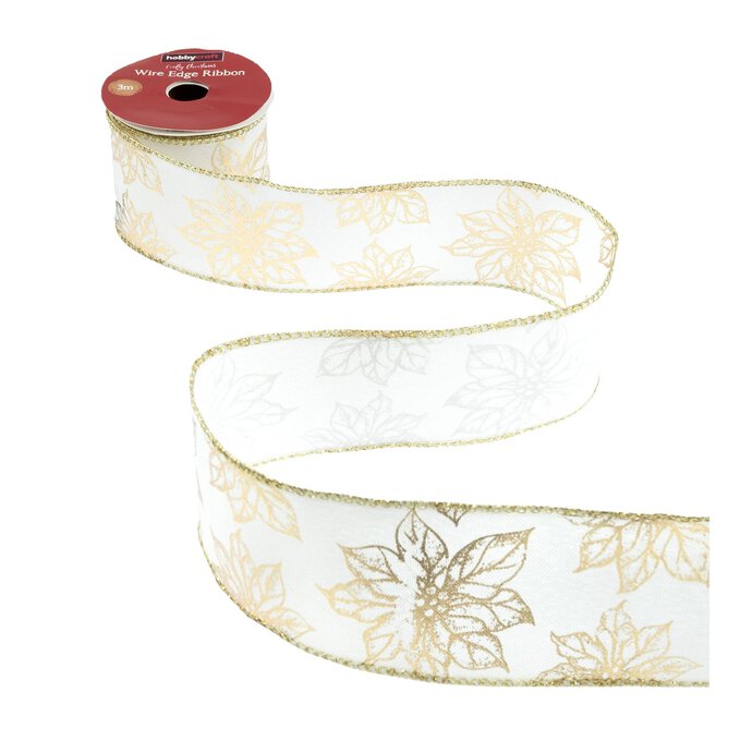 Gold Poinsettia Wire Edge Ribbon 63mm x 3m image number 1