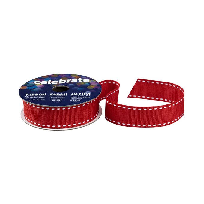 Red Grosgrain Running Stitch Ribbon 15mm x 4m image number 1