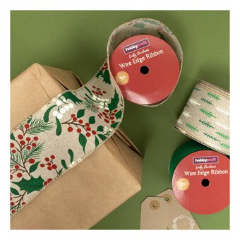 Holly and Berries Wire Edge Ribbon 63mm x 3m