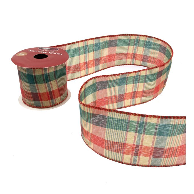 Christmas Tartan Wire Edge Ribbon 63mm x 3m image number 1