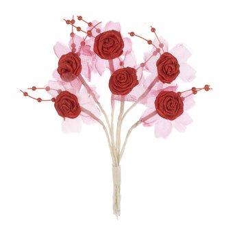Red Pearl Rose Wired Floral Picks 6 Pieces 
