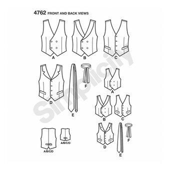 Simplicity Waistcoats and Ties Sewing Pattern 4762 | Hobbycraft