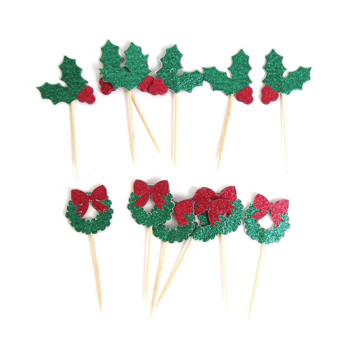 holly-and-wreath-glitter-cake-toppers-12-pack-hobbycraft