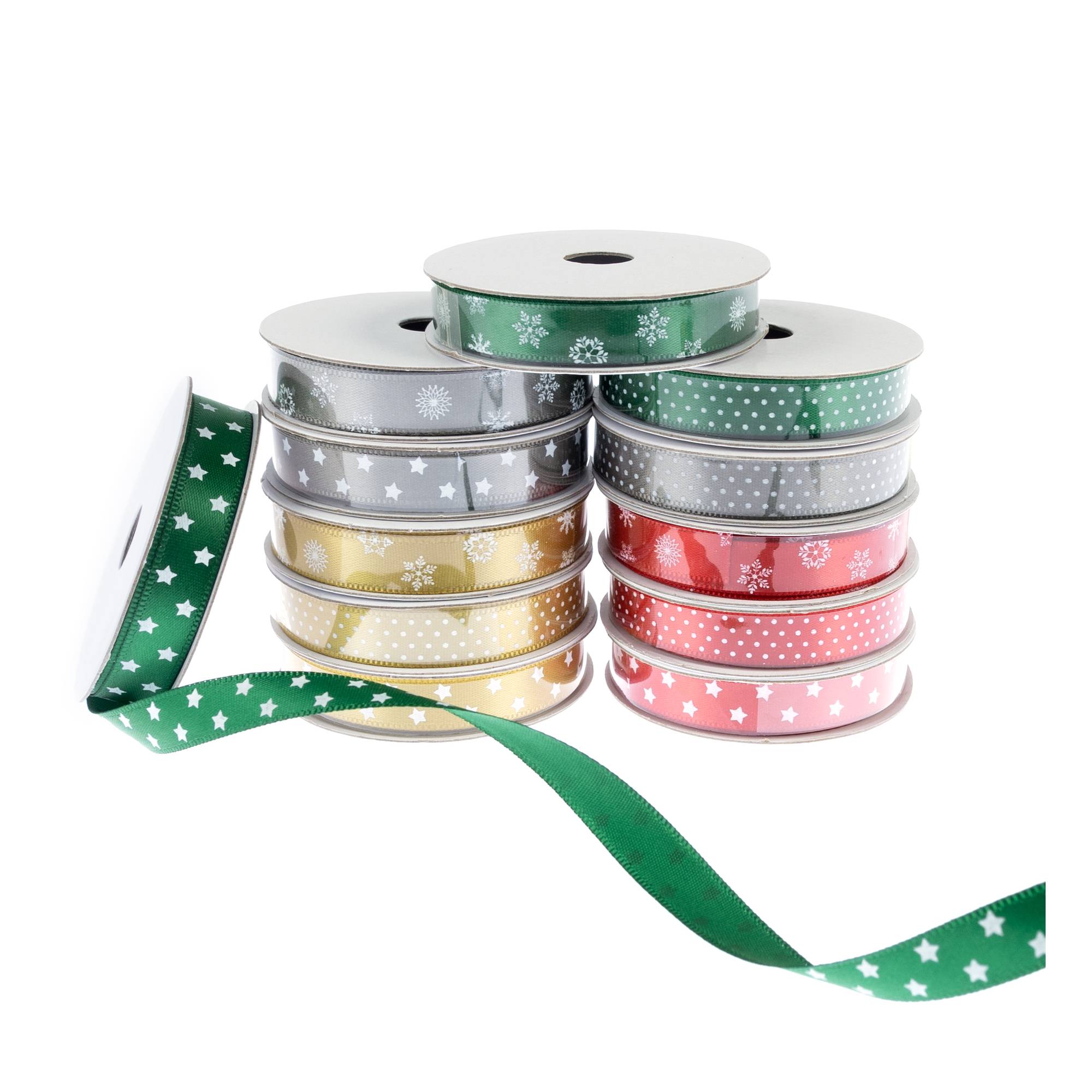 Assorted Snowflake and Dot Christmas Ribbons 12 Pack | Hobbycraft
