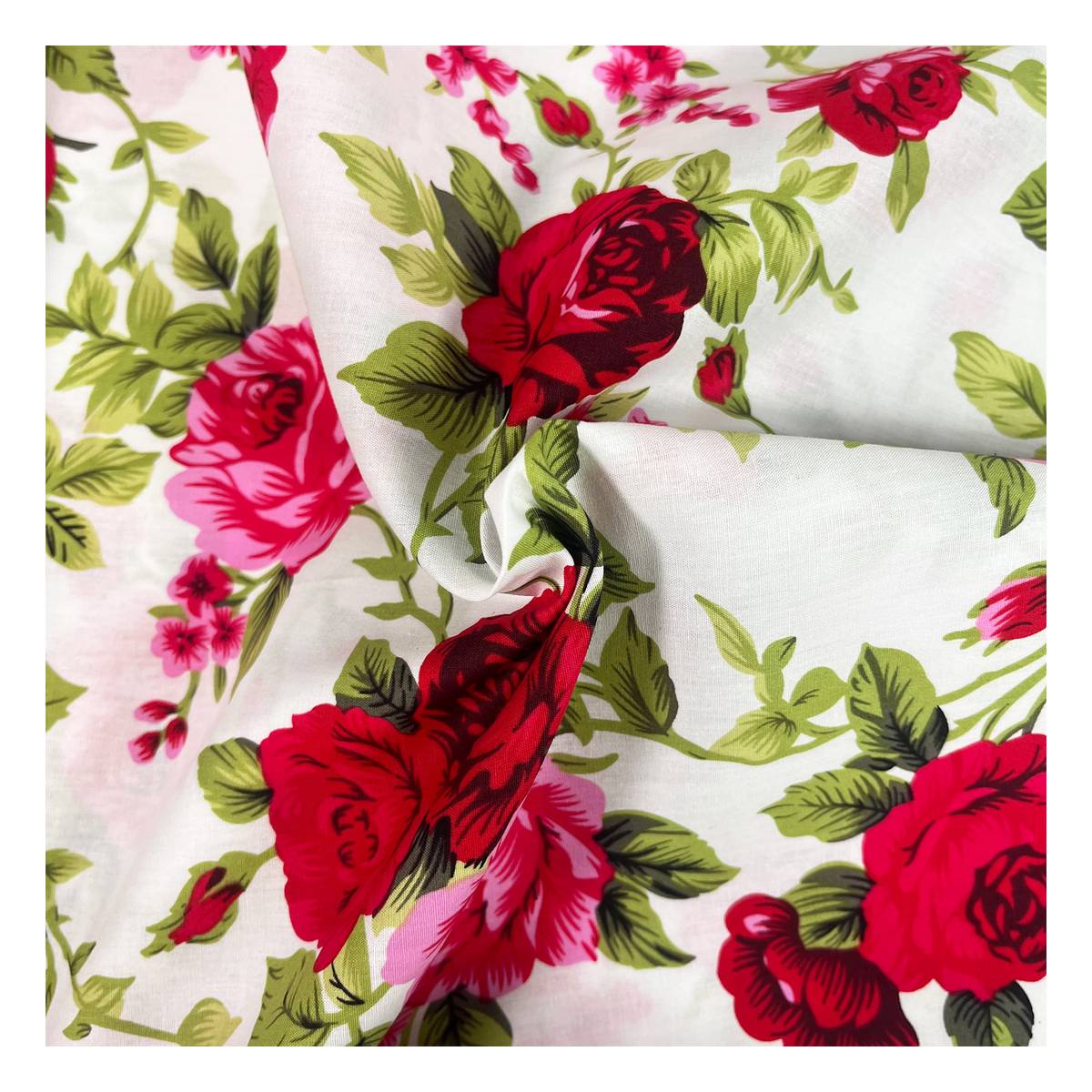 100% Cotton Fabric Red Rose on White Floral Print Craft Fabric Material 
