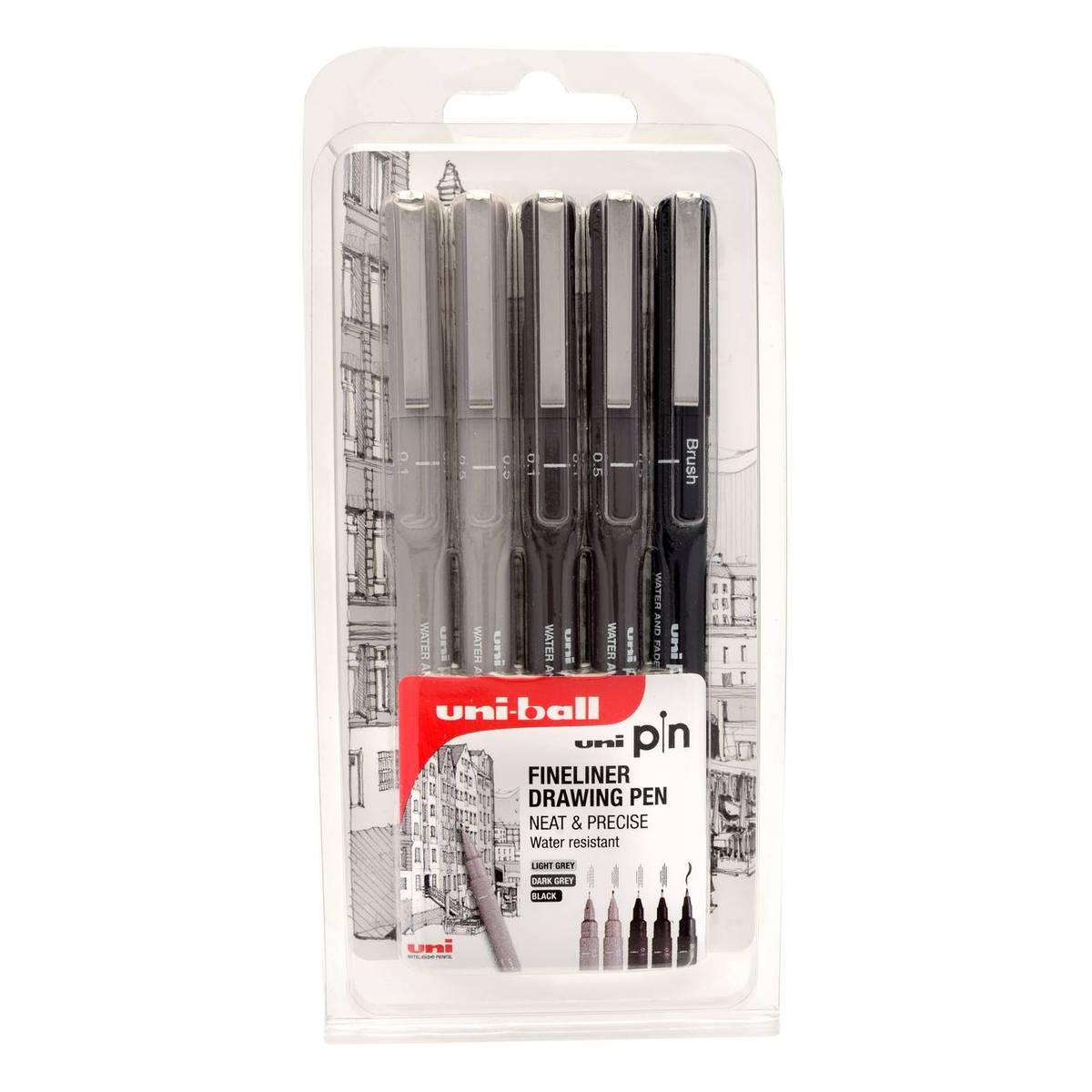 Uni Pin Grey and Black Fineliner Drawing Pens 5 Pack | Hobbycraft