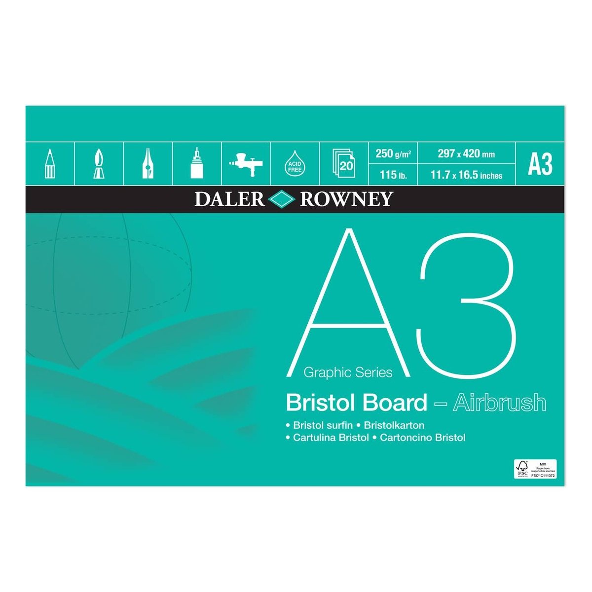 Daler Rowney : Bristol Board : Pad : 250gsm : 20 Sheets : A4